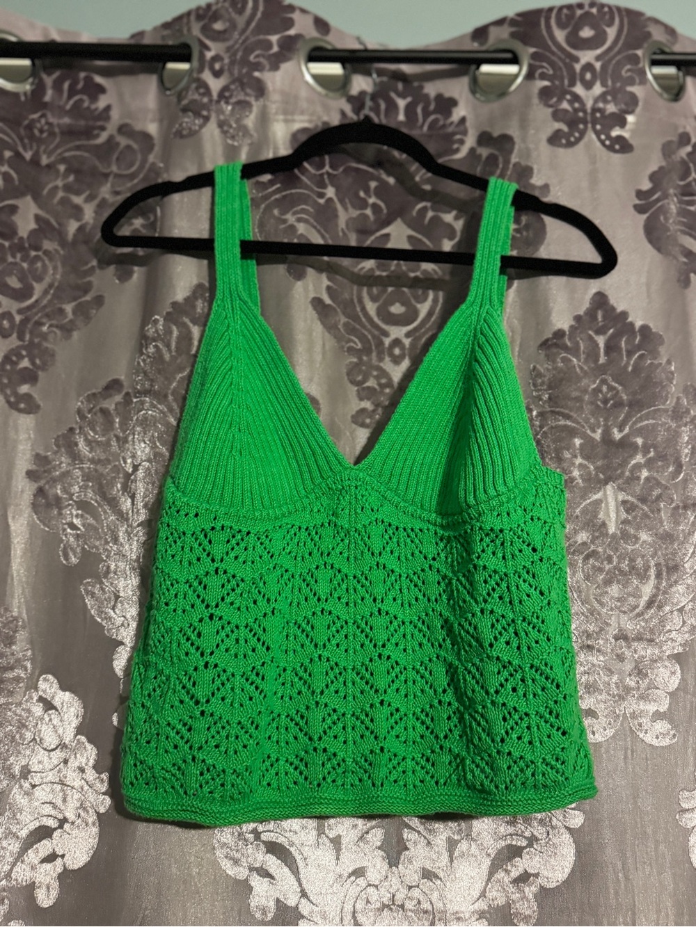 ZARA Green Knit Pointelle Crochet Camisole Tank Top Large L Boho Festival Summer